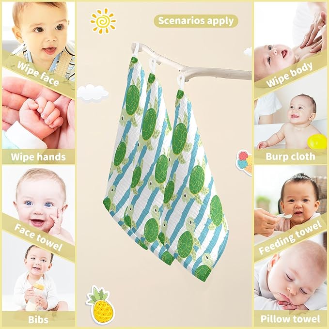 vvfelixl Cute Characters Green Turtles Baby Burp Cloths Baby Muslin Washcloths for Boys Girls Cotton Baby Face Towel for Newborn Infants Soft and Absorbent 11.8 X 11.8 in, 5 Pack