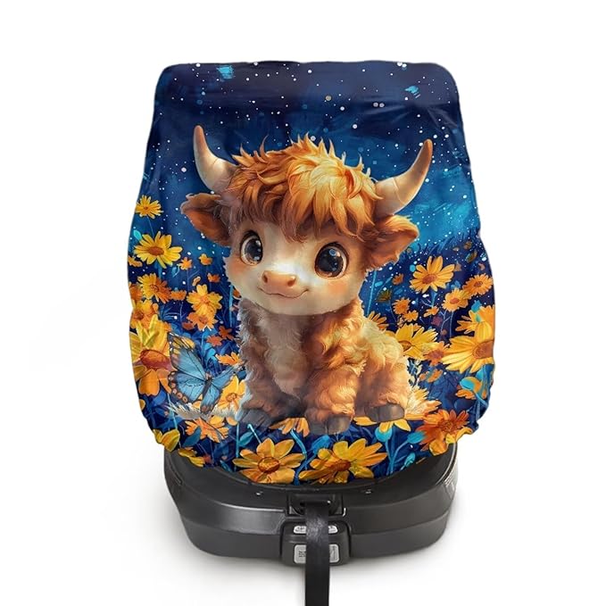 XYZCANDO Highland Cow Print Baby Car Seat Cover Cartoon Car Seat Covers for Babies Easy to Install Baby Car Seating Sun Shade Cover for Travel Novelty Car Seat Protector for Child Car Seat