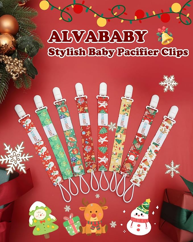 ALVABABY Christmas Paci Clips for Neutral 8 Pack Binky Paci Holder Leashes for Teethers 8DBP03A