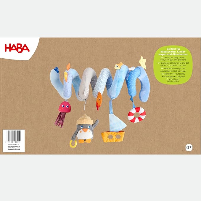 HABA Penguin Activity Spiral Car Seat Toy & Stroller Toy for Babies 0-18 Months, Soft Plush Baby Travel Gear with Crinkle, Rattle & Detachable Penguin