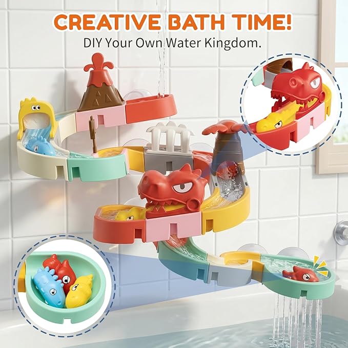 SOCBTNSO Dinosaur Slide Toys, Toddler Bath Toys for Kids Ages 4-8, DIY Building Kit for Ages 5-7, Bathtub Time Birthday Gifts for Toddler 3 + Year Old (36 PCS)