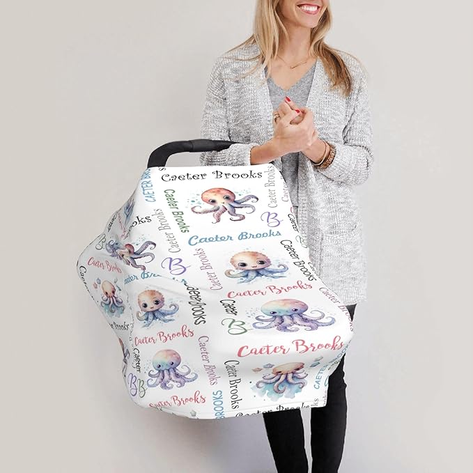 Personalized Baby Car Seat Cover with Name Stroller Canopy Custom Octopus Carseat Cover Newborn Baby Boy Girl Nursing Cover for Moms First Birthday Gift