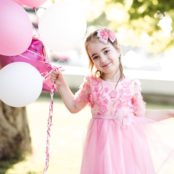 2Pcs Birthday Hair Bow for Baby Girls 2 3 4 5 6 7 Years Sprinkle Decorations Confetti Ice Cream Party Pink Pigtail Hair Accessories for Seven 7th Birthday