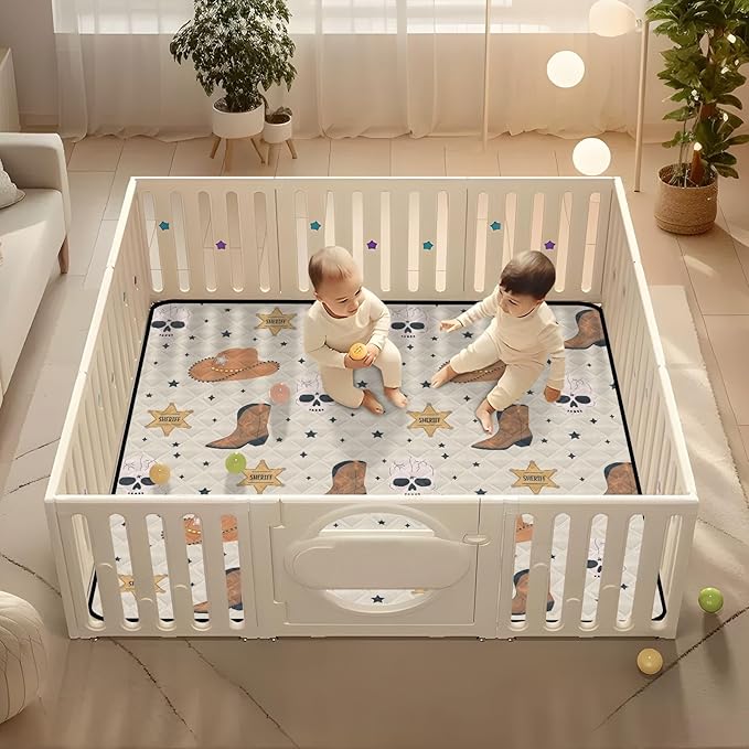 Baby Play Mat Cowboy Western Skull Hat Boots 50 x 50 Playpen Mat Baby Play Mats for Floor Play Gym Crawling Mat Non-Slip Cushioned Baby Playmat for Infants, Babies, Toddlers