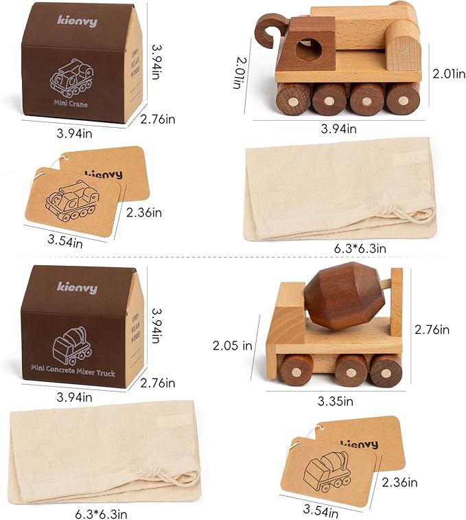 Wooden Toy Cars for 3 Year Old Boys & Girls - Construction Vehicles Set Push Toys for Toddlers, Wood Montessori Car with Rolling Wheels, Natural Wood Toys (Crane & Concrete Mixer Truck)