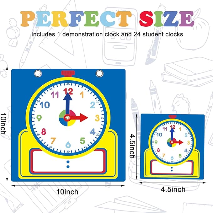 Junkin 25 Pcs Teaching Clock Kit, Learning Clocks for Kids Learning Time with Erasable Surface for Home School Classroom Supplies(Cute Style)
