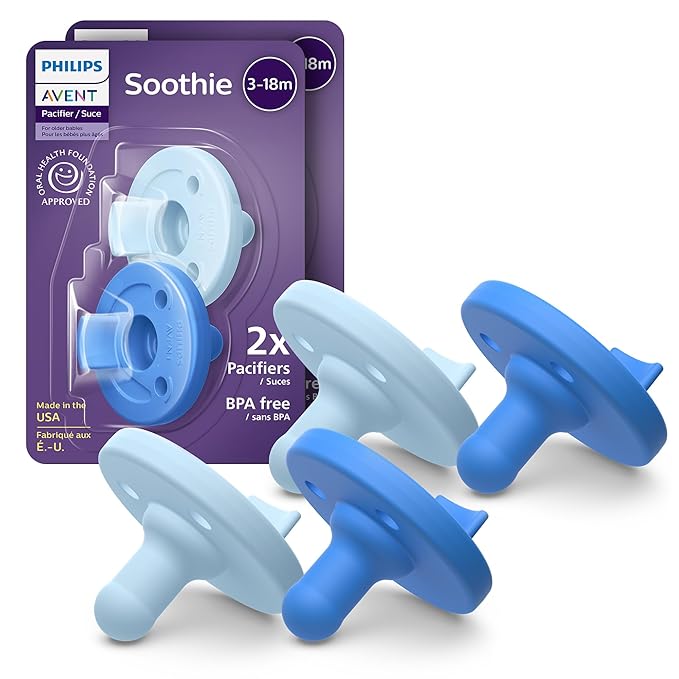 Philips Avent Soothie Baby Pacifiers - 100% Silicone Pacifiers for Babies 3-18 Months, One-piece Design, BPA-Free, Extra Durable, Sky Blue and Light Blue, 4 Pack, Model SCF192/71