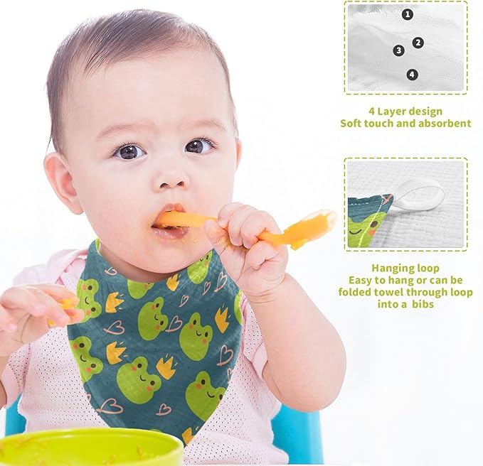 Cute Frog Baby Washcloths Newborn Muslin Burp Cloths 3 Pack Soft Cotton Baby Face Bath Towel Drool Bibs for Infants, Girls and Boys 11.8 x 11.8 Inch