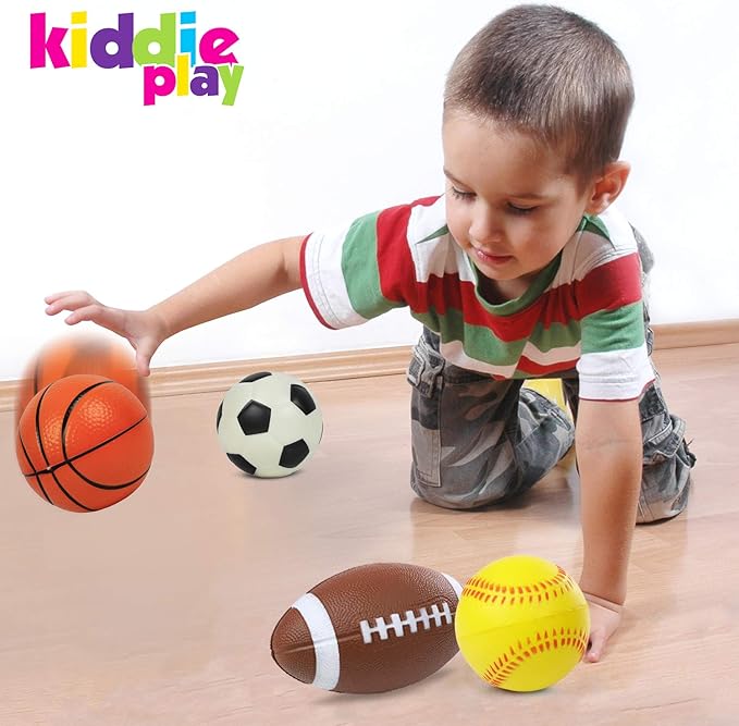 Kiddie Play Set of 4 Foam Balls for Toddlers 4" Soft Soccer Ball, Baseball, Basketball, and 6" Football for Kids