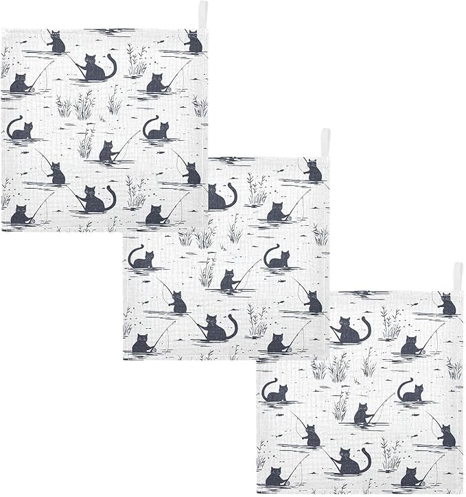 vvfelixl Cat Fishing Baby Burp Cloths Baby Muslin Washcloths for Boys Girls Cotton Babys Face Towel for Newborn Infants Soft and Absorbent 11.8 X 11.8 in, 5 Pack