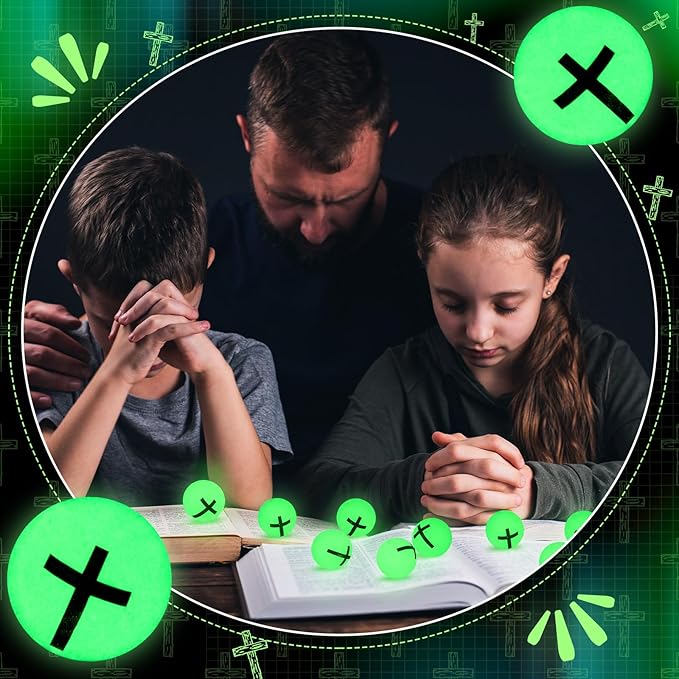 Seenelling 24 Pcs Christian Glow in the Dark Bouncy Balls Jesus Cross Rubber High Bouncing Balls Christian Party Favor Religious Classroom Gifts (Green)