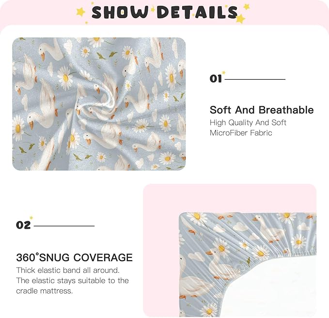 Baby Crib Sheet Cute Goose Flowers Crib Mattress for Boys and Girls Playard Sheet Soft Breathable Fitted Baby Mattress Cover 52x28in