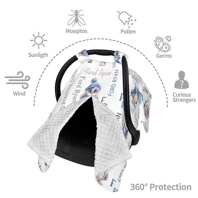 Personalized Baby Car Seat Canopy Minky Owl Baby Blanket Custom Name Baby Car Seat Cover Girls Boys Infant Newborn Carseat Canopy Nursing Cover for Stroller Car Seat Canopies