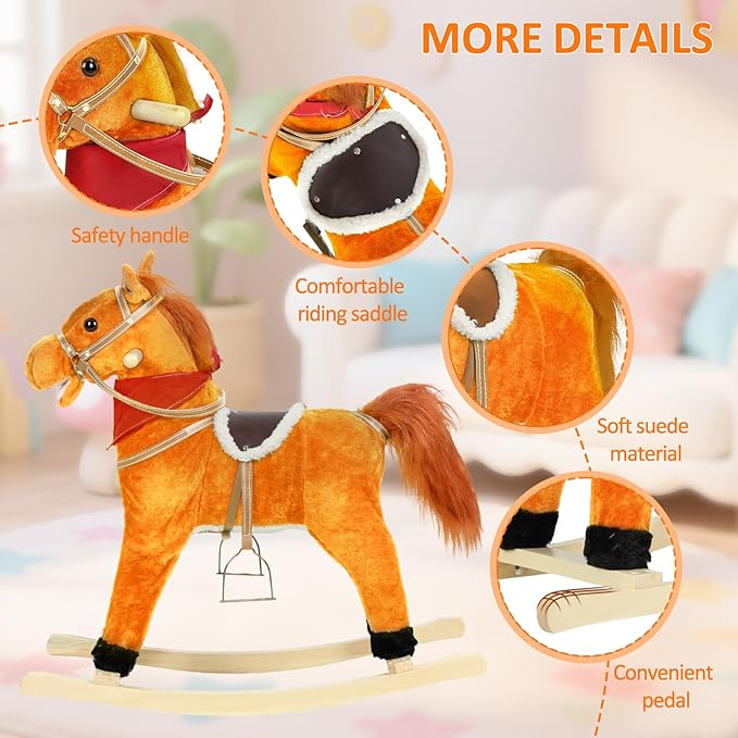 Rocking Horse for Toddlers Ages 1-6, Plush Ride On Toy with Sounds Moving Mouth & Wagging Tail, Interactive Wooden Rocker for Kids, Baby Rocking Chair Toys up to 120kg (Light Brown M)