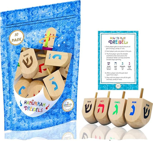 The Dreidel Company Hanukkah Dreidel 24 Extra Large 3" Inch Wooden Dreidels Hand Painted - Includes Game Instruction Cards
