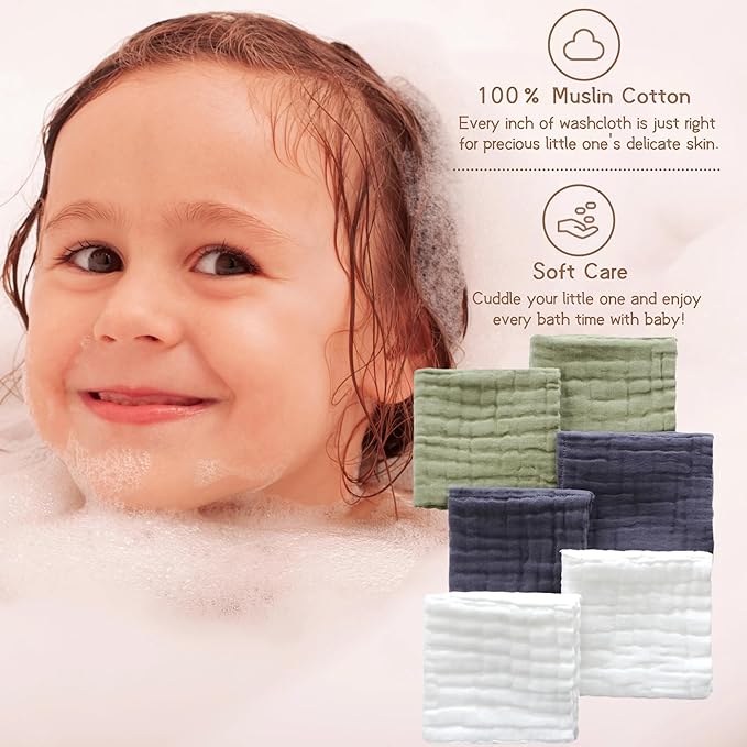 MUKIN Baby Washcloths, Muslin Cotton Face Cloths, Newborn Soft Absorbent Bath Wipes, Burp Cloths or Towels, Pack of 6, 12x12 inches (White,Dark Gray,Tea Green)