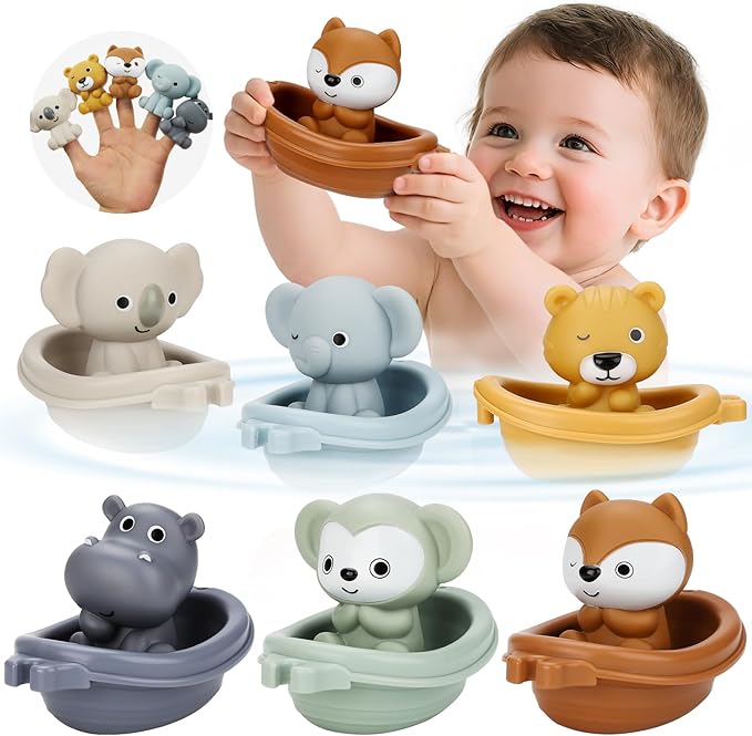 Bath Toys Float Boats for Kids Ages 18M+,Stackable Floaty Boat,Animal Finger Puppets,Toddler Toys Gifts for 2-4 Year Old Baby Gifts Valentines Easter Basket