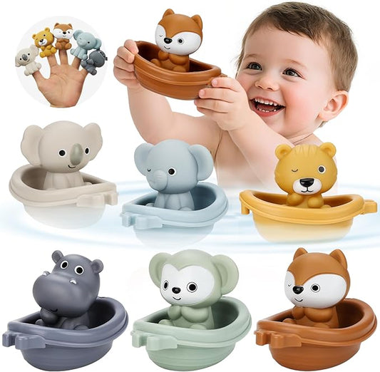 Bath Toys Float Boats for Kids Ages 18M+,Stackable Floaty Boat,Animal Finger Puppets,Toddler Toys Gifts for 2-4 Year Old Baby Gifts Valentines Easter Basket