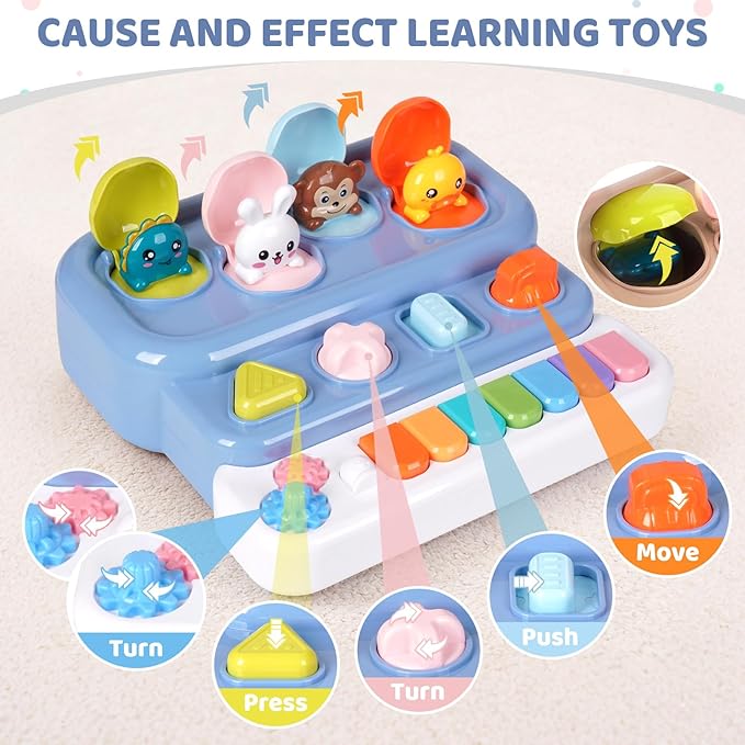 Interactive Pop Up Music Piano Toy with Music & Lights, Montessori Animal Cause and Effect Toys, STEM Learning Educational Baby Toy for Toddlers 1-3 Years Old, Gift for Infants 6-12 Months