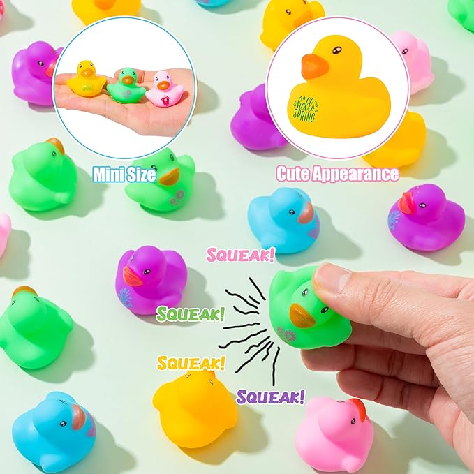 Haooryx Spring Mini Rubber Duck - 60Pcs Spring Holiday Colorful Novelty Duck Squeak Bathtub Float Bath Toy for Kids Classroom Reward Birthday Gift Easter Decor Basket Stuffer Pool Party Favor Supplies