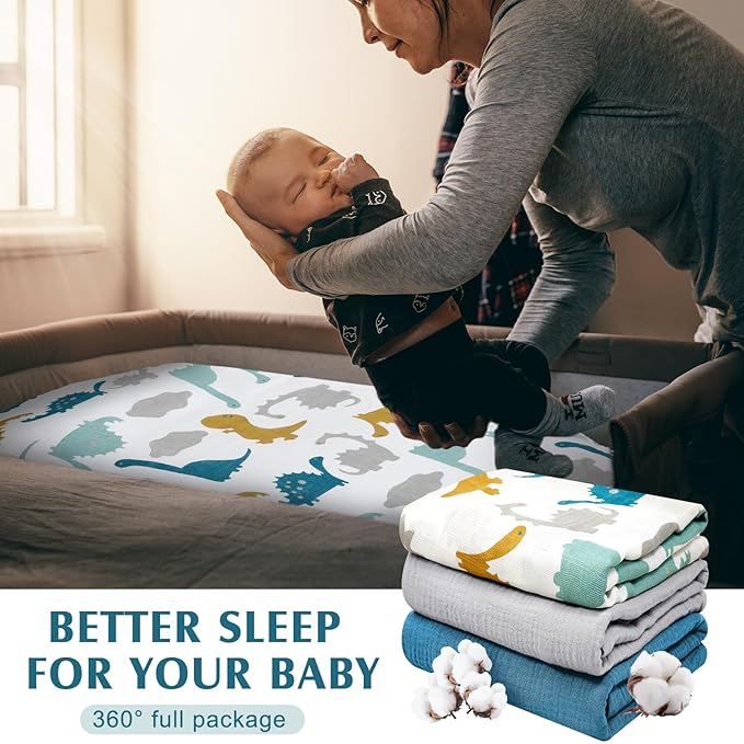 Newwiee Muslin Baby Lounger Cover 3 Pack Organic Cotton Removable Lounger Cover Soft and Breathable Nest Replacement Baby Slipcover for Newborn Infant Boys Girls(Blue, Grey, White,Dinosaur)