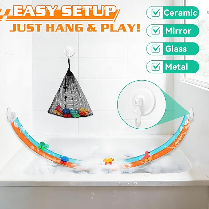 Race Car Bath Toys, Toddler Bathub Toy Set, 5 Ft Flexible Bath Race Track for Kids Ages 3+ , Cars Toy Gift for Baby Boys &Girls, Portable Rolls Up Race Tracks with 1 Mesh Storage Bag & 3 Suction Cup
