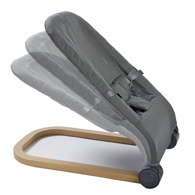 Giggle Bounce Deluxe Folding Baby Bouncer Seat and Lounger (Slate Grey) Wood Grain Base, Adjustable Recline, Portable Folding Design - Ideal Baby Rocker, Swing, Lounger & New Born Baby Gift 0-6 Months