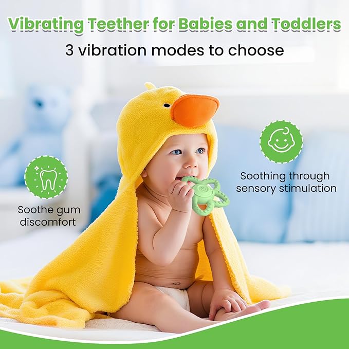 Vibrating Teether for Baby - Dual Use Vibrating Soother for 3-6 Months/6-18 Months & Sensory Toys for Kids with Autisms, Baby Teething Toys with 3 Vibration Modes (Green)