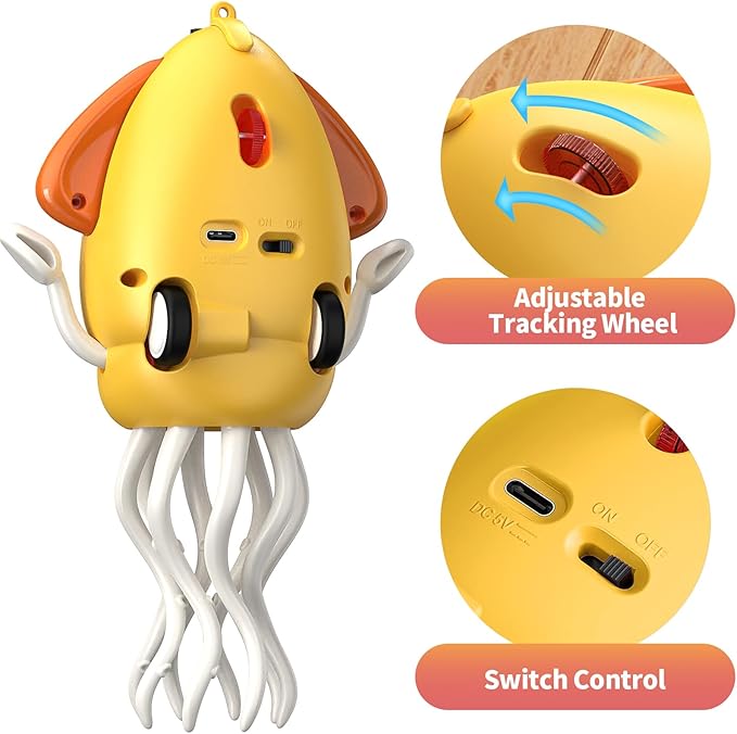 Interactive Dancing Octopus Toy,LED Light-Up Music Crawling Squid with Smart Obstacle Avoidance & Fishing Rod,Tummy Time Baby Toy,Musical Toy for 3 4 5 6 Year Old Boys and Girls(Yellow)