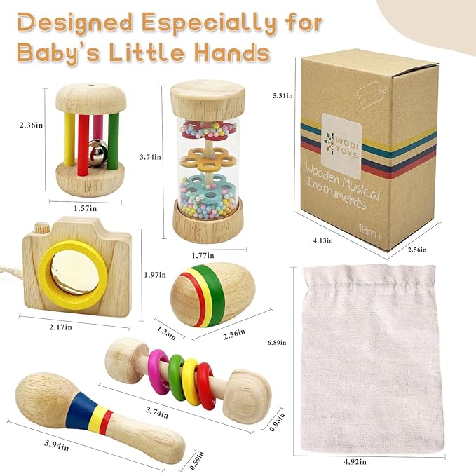 Wooden Baby Rattle, Organic Colorful Baby Rattles Set, Toddler Hand Wooden Rattles Toy Set for Infant Grasping, Sensory Development, Gift for Baby Boys Girls