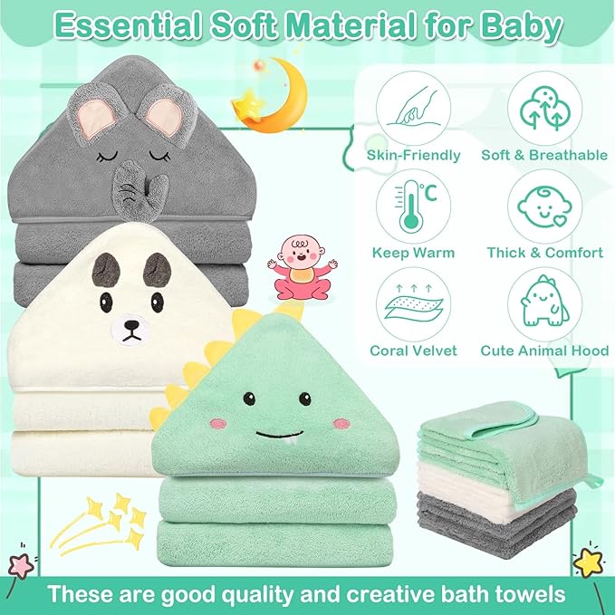 Sublaga 12 Pcs Baby Towels and Washcloths Set, Hooded Baby Towel, Soft and Absorbent Baby Bath Towels, 3 PCS Cute 32x32 in Baby Towel with Hood and 9 Pcs Baby Washcloths for Boys and Girls