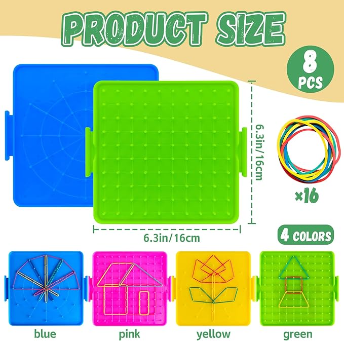 8 Pack Plastic Mathematical Manipulative Material Array Block Geo Board with 80 Latex Bands for Kids(4 Colors)