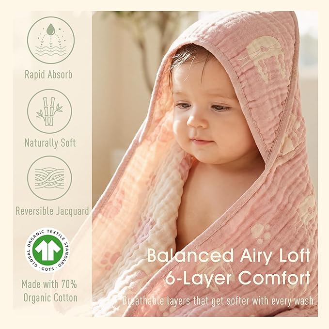4-Piece Muslin Baby Towel Set - Made with Organic Cotton, (2) 6-Layer Bath Towels 32x32 & (2) Washcloths, Absorbent Bath & Beach (Blush Pink Bunny & Sage Green Stripe)