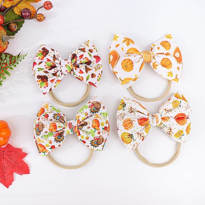 YanJie Hairband, Nylon Thanksgiving Baby Girls Headbands with 4.5in Bow, Handmade Stretch Pumpkin Hairbands Hair Bows Fall Gift for Girls Infants Toddlers Child