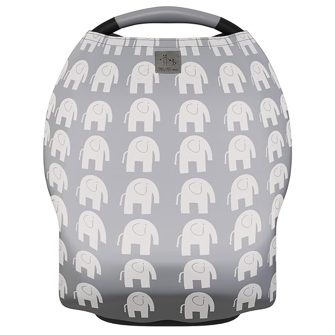 MoM-me Nursing Cover, Multi use for Baby Car Seat Cover, Breastfeeding, Canopy, Stroller and Infant Pillow Wrap or Cover Ups. for Boys and Girls. Grey/White Elephant Design