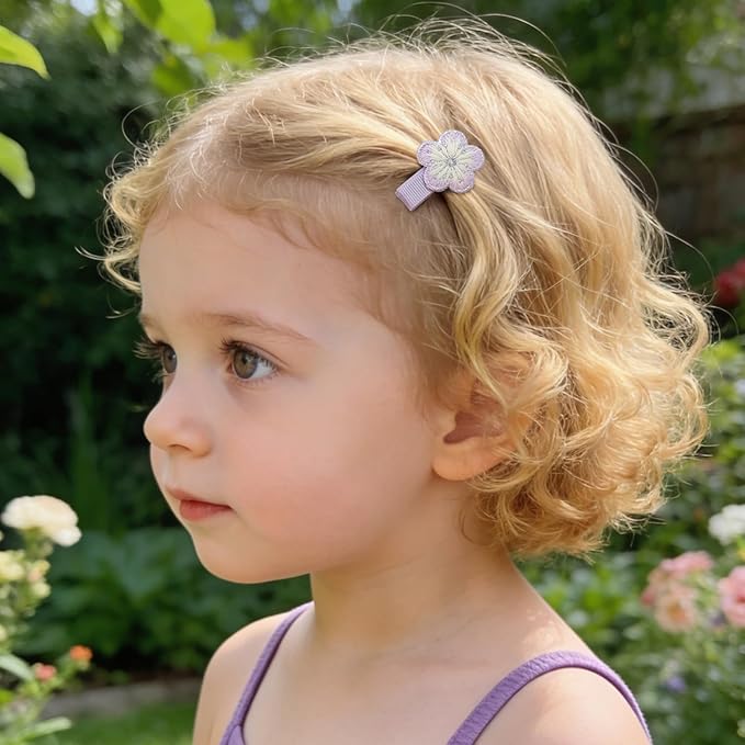 Safe Baby Hair Clips for Girls Toddler, 5Pcs Pastel Purple & Lavender Set with Hand-Embroidered Flowers & Pearl – 4 Snap Clips + 1 Fully Wrapped Alligator Clip, Non-Slip Barrettes for Newborn Infants