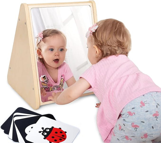 Baby Double-Sided Tummy Time Mirror w/ 2 Package High Contrast Visual Stimulation Cards, Sensory Activity Montessori Toys for 6 Months+ Boys Girls