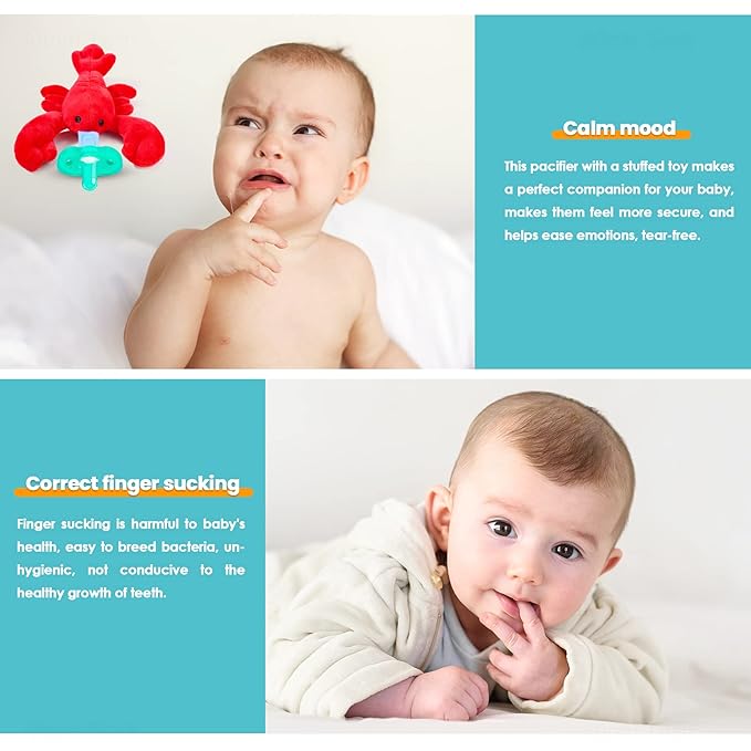 NiBaby Pacifier with Infant Plush Pacifier Holder, BPA Free Silicone Teether Soothie Snuggle Pacifier with Detachable Soft Hand-Hold Stuffed Animal for 0+ Months Newborn Baby All Ages (Lobster)
