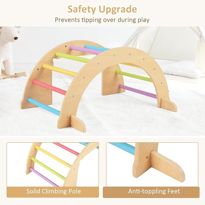 INFANS Wooden Arch Climber Rocker with Soft Cushion, 6 in 1 Montessori Climbing Toys for Toddlers, Waldorf Indoor Table Baby Children Ladder Gym Learning Playset Gift for Kids Boys Girls (Colorful)
