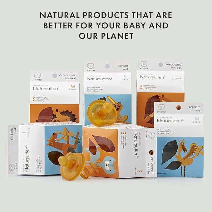 Natursutten 2-Pack Natural Rubber Pacifiers - Safe & Soft BPA-Free Pacifier for Breastfeeding Babies, Made in Italy, Butterfly Shield Round Nipple, Newborn 0-6 Months