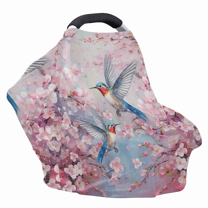 Binienty Hummingbird Cherry Blossom Baby Carseat Canopies and Nursing Covers for Car, Breathable Babies Infants Stroller Cover, Sun Protection