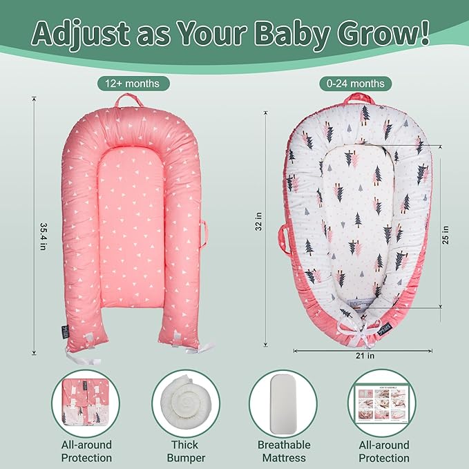 Infant Support Cushions | Baby Lounger | Organic Cotton Infant Lounger | Reversible, Adjustable & Portable Floor Lounger | Supervised Use | Soft, Breathable, Washable Cover (Pink)