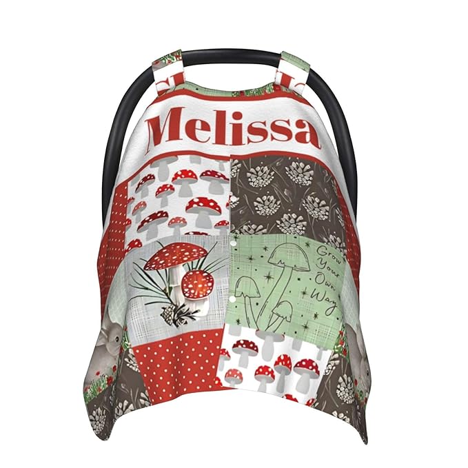 Personalized Baby Car Seat Canopy for Babies with Name, Custom Car Seat Covers for Boys Girls, Mushroom Nursing Breastfeeding Stroller Cover Infant Carseat Canopies for Newborn