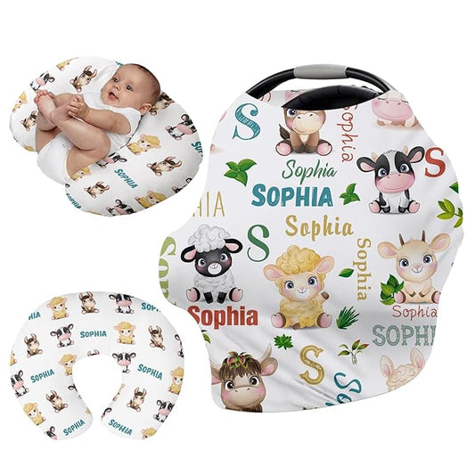 Custom Name Car Seat Canopy - Baby Car Seat Covers, Infant Stroller Cover, Carseat Canopy Christmas Birthday Gifts for Girls and Boys Yellow Sheep Print(27"x29")