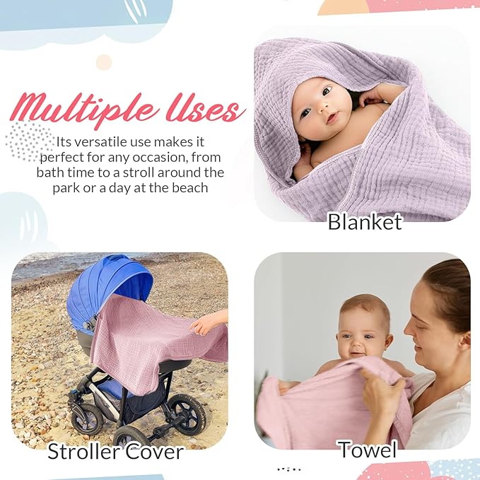 Hahafelt 6 Pcs Muslin Hooded Bath Towels Washcloths and Bibs Set, Muslin Cotton Baby Towels Absorbent Hooded Blanket Towel Infant Bibs for Boys Girls Newborn Infant Essential(Pink, Purple)