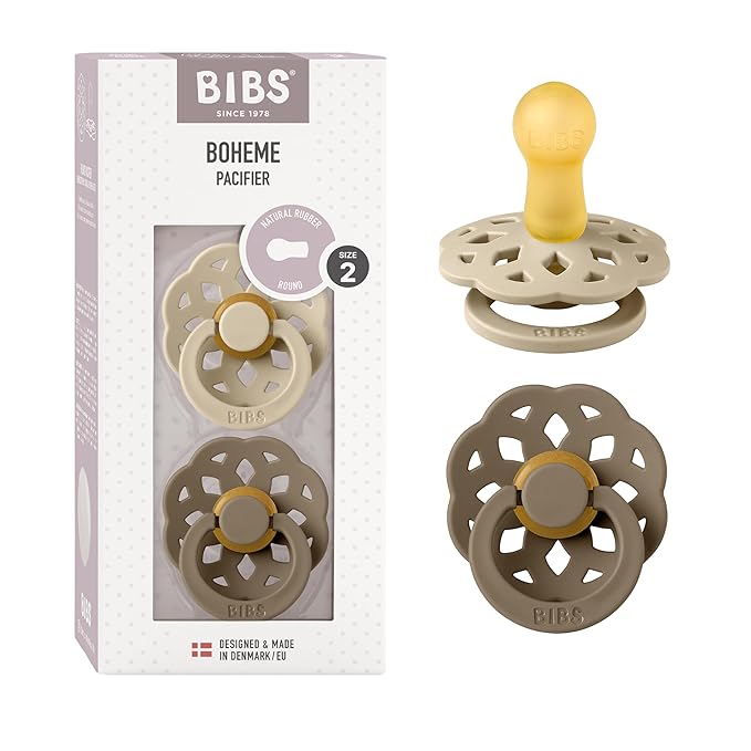 BIBS Pacifiers - Boheme Collection | BPA-Free Round Nipple | Nautral Rubber Latex | Made in Denmark | Set of 2 Vanilla/Dark Oak Color Premium Soothers | Size 6-18 Months