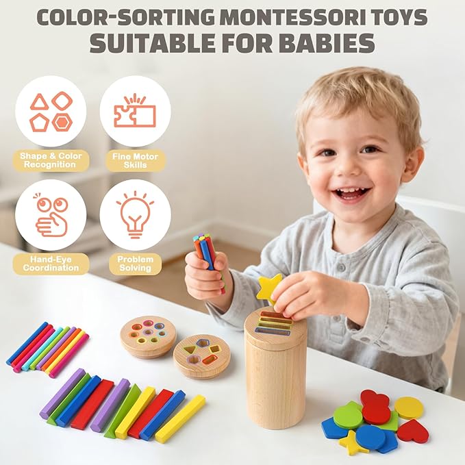 DINORUN Wooden Montessori Toddler Toys - 3 in 1 Sensory Toys for Color Shape Matching, Learning Fine Motor Skills, Educational Toys for Toddlers 1-3, Travel Toys for Boys Girls Gifts