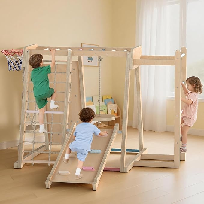 OLAKIDS Indoor Jungle Gym, 9 in 1 Wooden Montessori Baby Climbing Toys with Adjustable 2 Swings Ramp, Monkey Bar Basketball Hoop Ladder Climb Net (Natural)