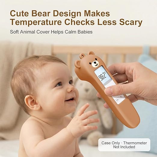 Cute Bear Silicone Thermometer Case Compatible with GoodBaby No-Touch Thermometer, Soft Anti-Drop Protective Cartoon Animal Cover Helps Calm Babies During Temperature Checks - Brown