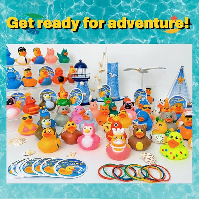 Cruise Ducks 160-Piece Adventure Kit: 50 Assorted Rubber Ducks, 50 Cruise Ship Tags & 60 Bands for Hiding Games, Bath Toys, Pool Fun, or Collectible Decor